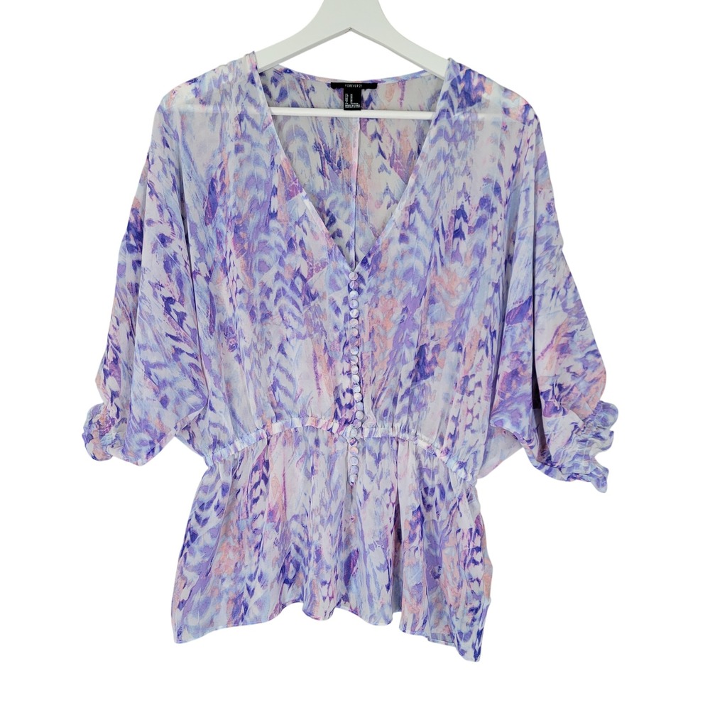 Whimsy Blouse Women Medium Purple Watercolor Sheer Dolman Fairy Forever 21